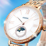  Shop Authentic Fossil Jacqueline Analog Moonphase Mother of Pearl White Dial Rose Gold Steel Strap Watch for Women - ES5165 - Luxxuri