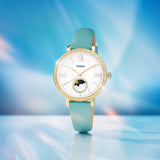  Shop Authentic Fossil Jacqueline Analog Moonphase Mother of Pearl White Dial Green Leather Strap Watch for Women - ES5168 - Luxxuri