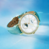  Shop Authentic Fossil Jacqueline Analog Moonphase Mother of Pearl White Dial Green Leather Strap Watch for Women - ES5168 - Luxxuri