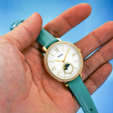  Shop Authentic Fossil Jacqueline Analog Moonphase Mother of Pearl White Dial Green Leather Strap Watch for Women - ES5168 - Luxxuri