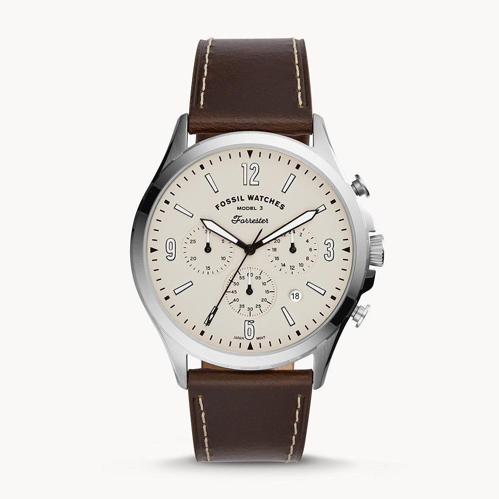 Fossil Forrester Chronograph White Dial Brown Leather Strap Watch for Men - FS5696