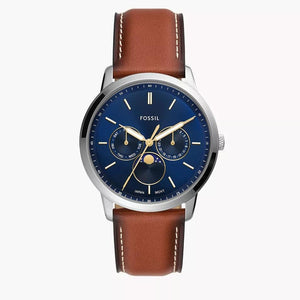  Shop Authentic Fossil Neutra Minimalist Moonphase Blue Dial Brown Leather Strap Watch for Men - FS5903 - Luxxuri