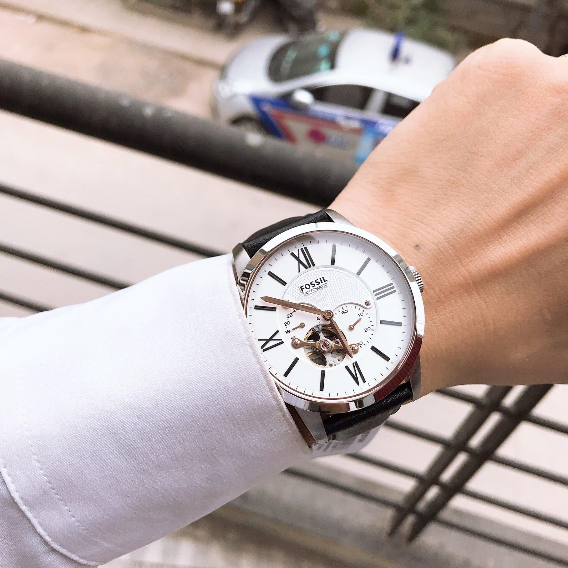  Shop Authentic Fossil Townsman Automatic White Dial Black Leather Strap Watch for Men - ME3104 - Luxxuri