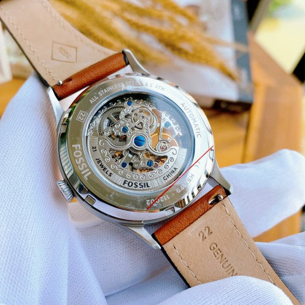  Shop Authentic Fossil Forrester Luggage Automatic Skeleton Blue Dial Brown Leather Strap Watch for Men - ME3179 - Luxxuri