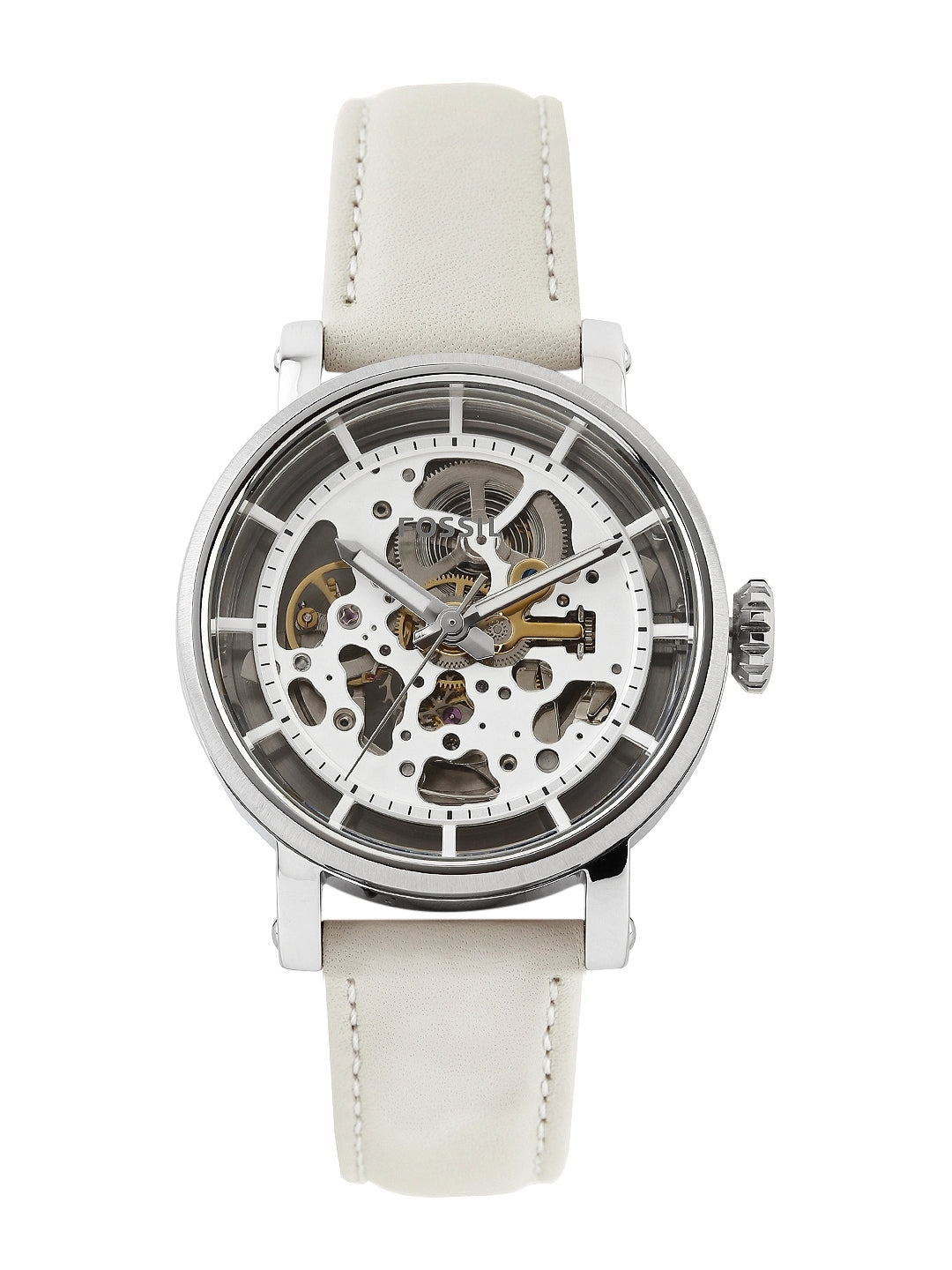  Shop Authentic Fossil Boyfriend Automatic Skeleton Silver Dial White Leather Strap Watch for Women - ME3069 - Luxxuri