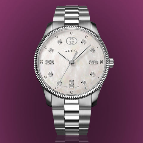  Shop Authentic Gucci G Timeless Diamonds White Dial Silver Steel Strap Watch for Women - YA1265064 - Luxxuri