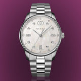  Shop Authentic Gucci G Timeless Diamonds White Dial Silver Steel Strap Watch for Women - YA1265064 - Luxxuri