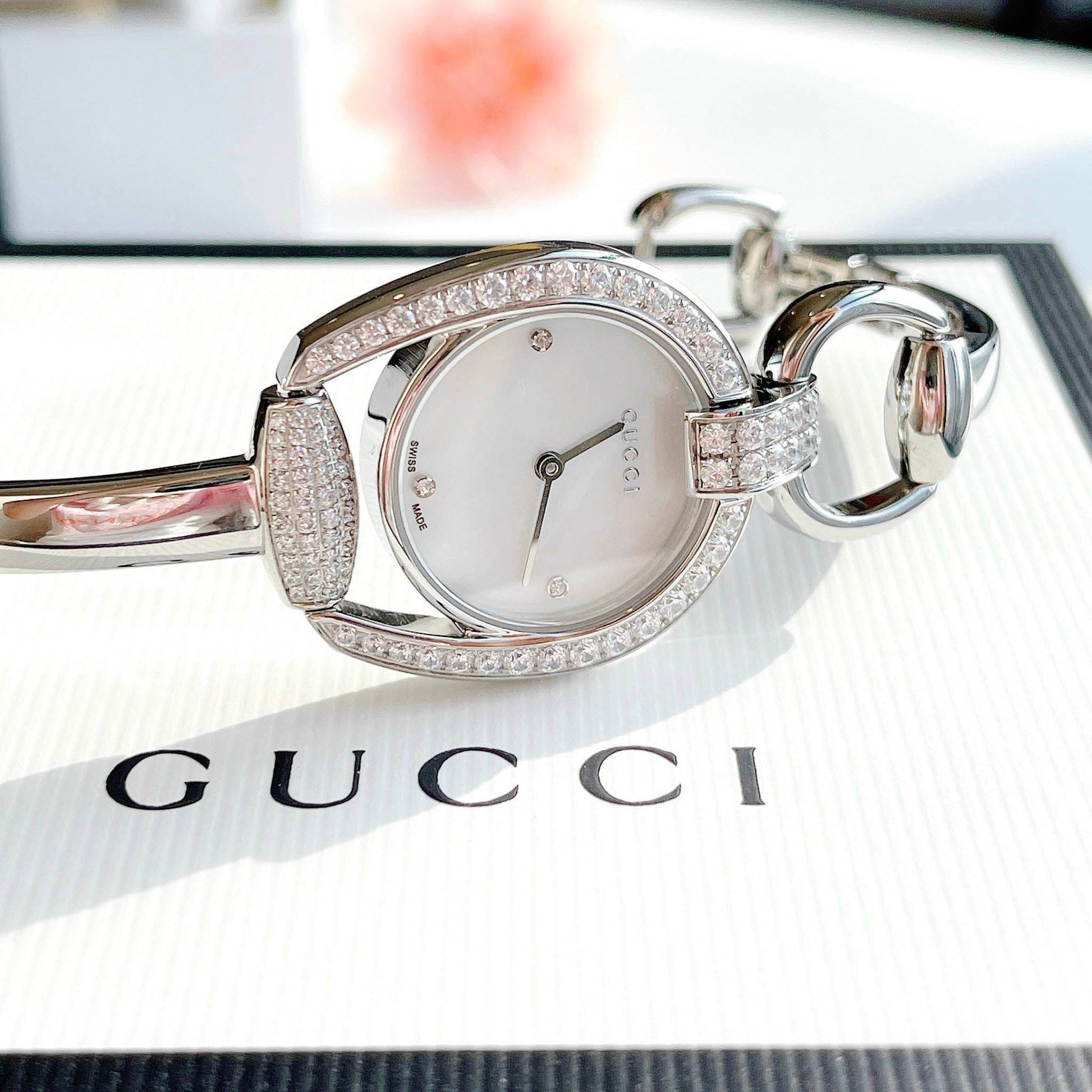  Shop Authentic Gucci Horsebit Collection Diamonds Mother of Pearl Dial Silver Steel Strap Watch For Women - YA139505 - Luxxuri