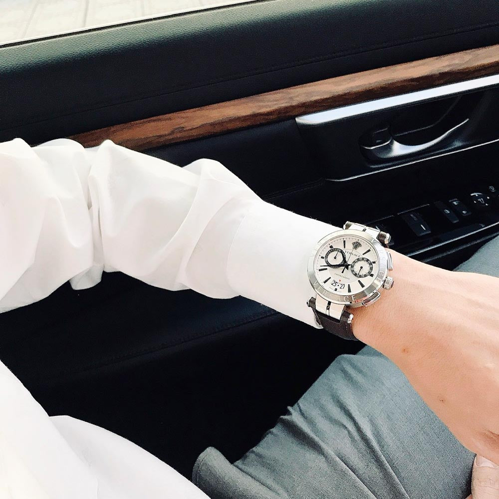  Shop Authentic Versace Aion Chronograph White Dial Brown Leather Strap Watch for Men - VBR010017 - Luxxuri