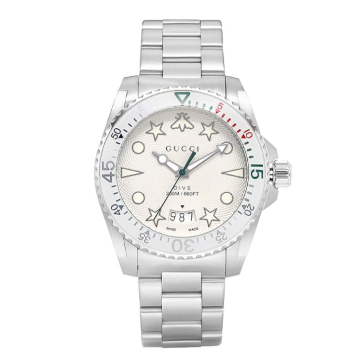  Shop Authentic Gucci Dive Quartz White Dial Silver Steel Strap Watch For Men - YA136336 - Luxxuri