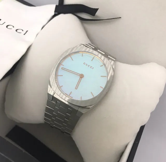  Shop Authentic Gucci 25H Quartz Turquoise Dial Silver Steel Strap Watch For Women - YA163409 - Luxxuri