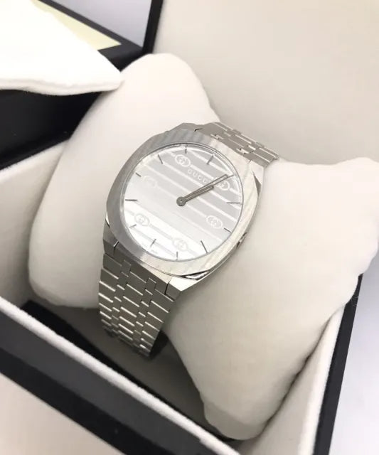  Shop Authentic Gucci 25H Quartz Silver Dial Silver Steel Strap Unisex Watch - YA163407 - Luxxuri