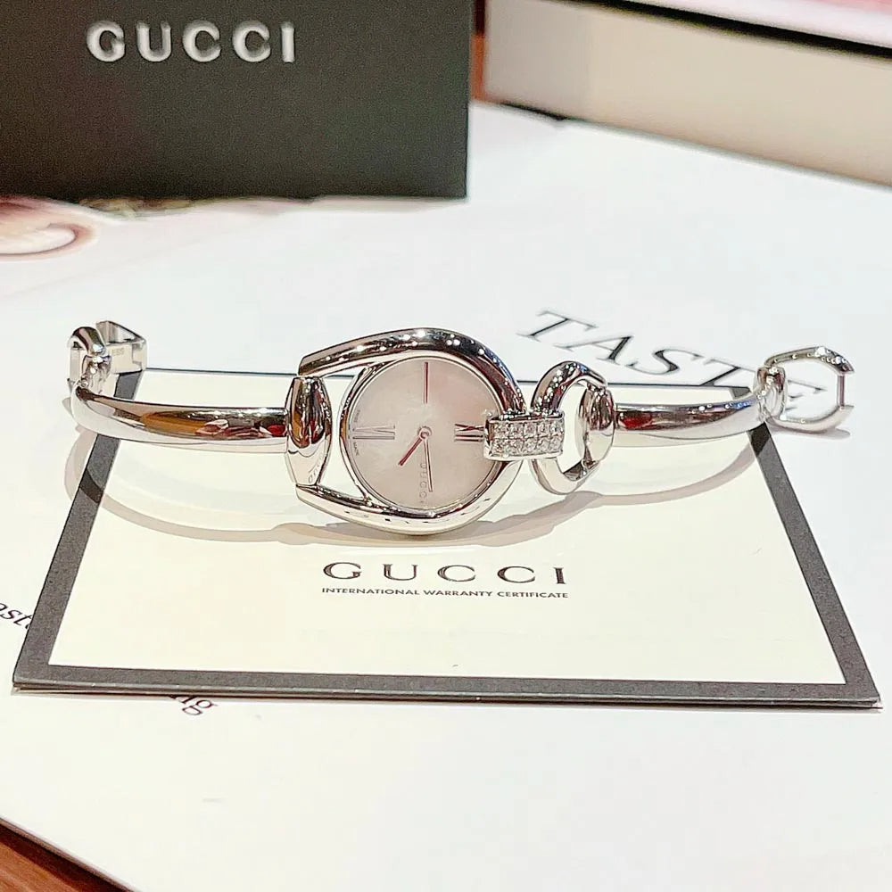 Shop Authentic Gucci Horsebit Collection Diamonds Mother of Pearl White Dial Silver Steel Strap Watch For Women - YA139504 - Luxxuri
