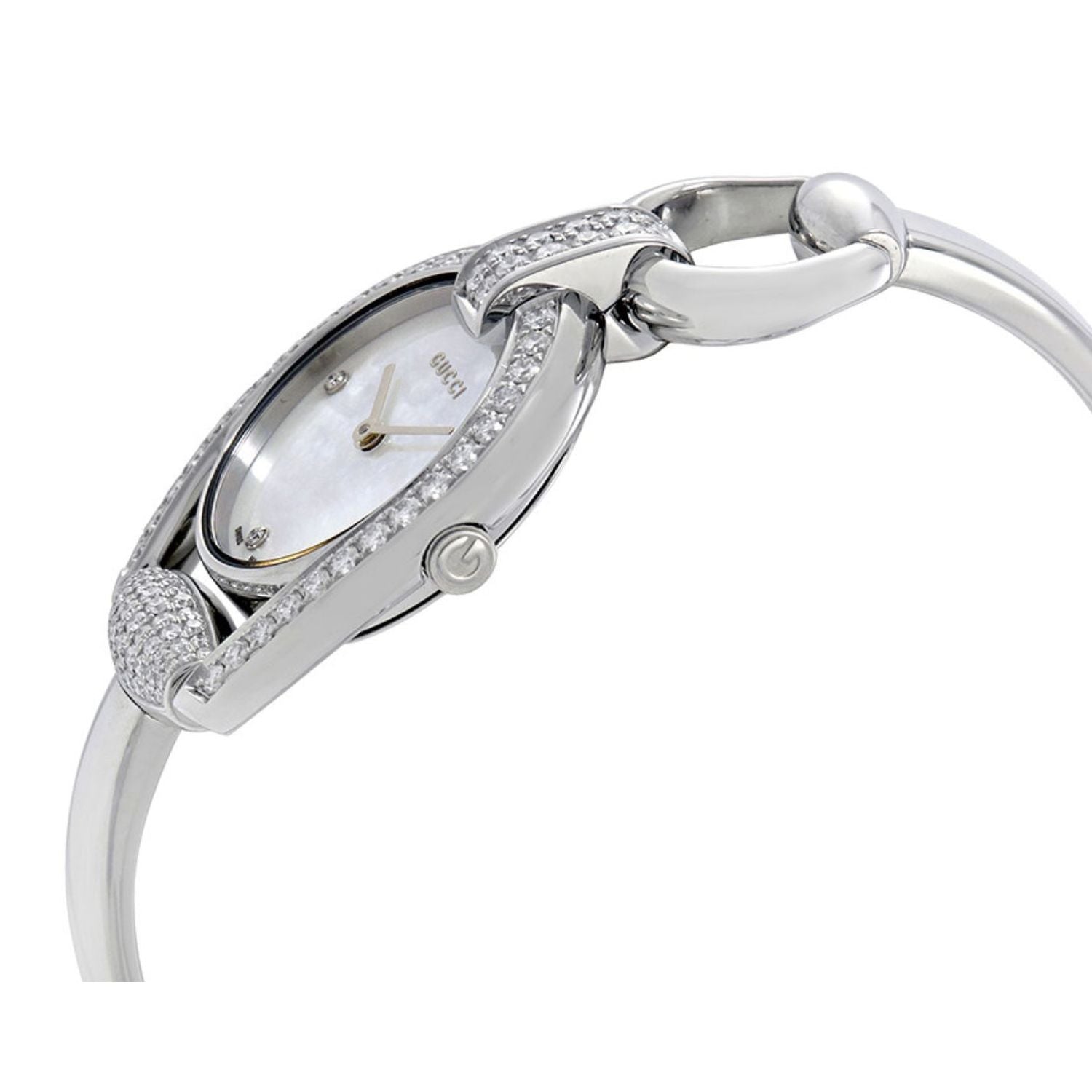  Shop Authentic Gucci Horsebit Collection Diamonds Mother of Pearl Dial Silver Steel Strap Watch For Women - YA139505 - Luxxuri