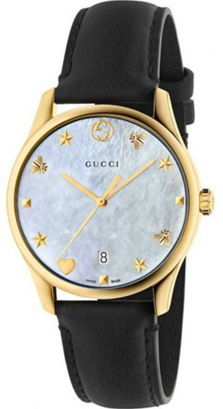  Shop Authentic Gucci G-Timeless Mother of Pearl Dial Black Leather Strap Watch For Women - YA126589 - Luxxuri