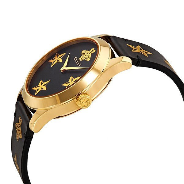 Gucci G Timeless Bee Motif Black Dial Black Leather Strap Watch For Women - YA1264055