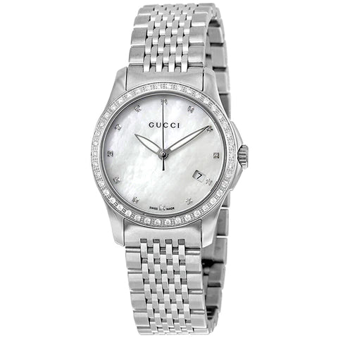  Shop Authentic Gucci G Timeless Diamonds Mother of Pearl Dial Silver Mesh Bracelet Watch For Women - YA126508 - Luxxuri