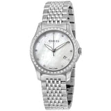  Shop Authentic Gucci G Timeless Diamonds Mother of Pearl Dial Silver Mesh Bracelet Watch For Women - YA126508 - Luxxuri