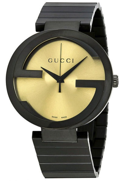  Shop Authentic Gucci Interlocking Grammy XL Gold Dial Black Steel Strap Watch for Men - YA133209 - Luxxuri