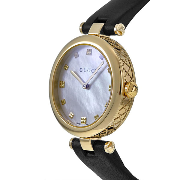  Shop Authentic Gucci Diamantissima Quartz Mother of Pearl Dial Black Leather Strap Watch for Women - YA141404 - Luxxuri