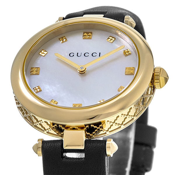  Shop Authentic Gucci Diamantissima Quartz Mother of Pearl Dial Black Leather Strap Watch for Women - YA141404 - Luxxuri