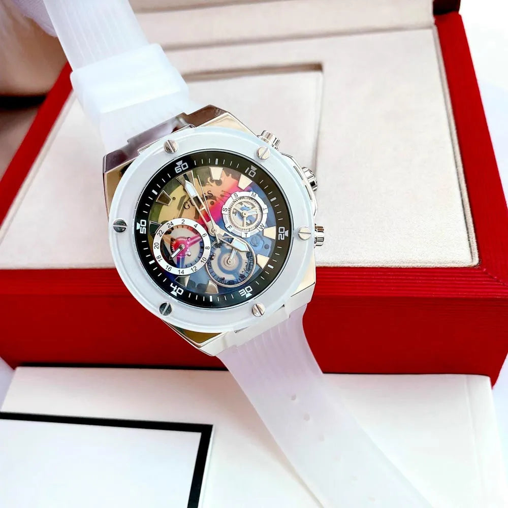  Shop Authentic Guess Poseidon Chronograph Rainbow Dial White Silicone Strap Watch For Men - GW0425G4 - Luxxuri