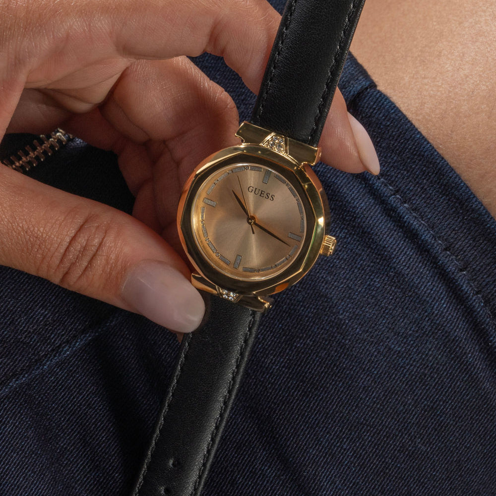 Guess Rumour Quartz Gold Dial Black Leather Strap Watch For Women - GW0689L2