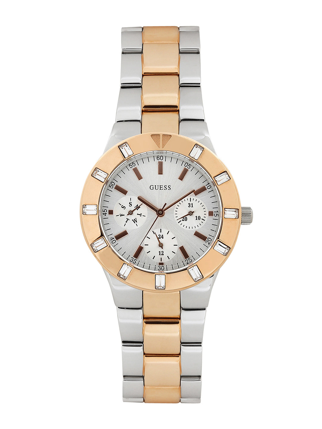  Shop Authentic Guess Glisten Chronograph Analog Silver Dial Two Tone Steel Strap Watch For Women - W14551L1 - Luxxuri