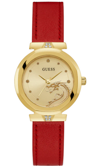  Shop Authentic Guess Trend Dragon Gold Dial Red Leather Strap Watch For Women - GW0646L1 - Luxxuri