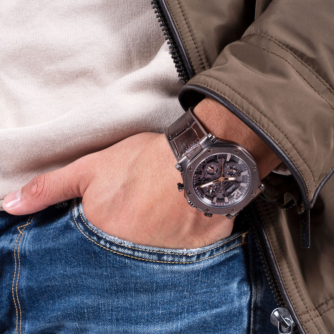  Shop Authentic Guess Edge Chronograph Brown Dial Brown Leather Strap Watch For Men - GW0492G2 - Luxxuri