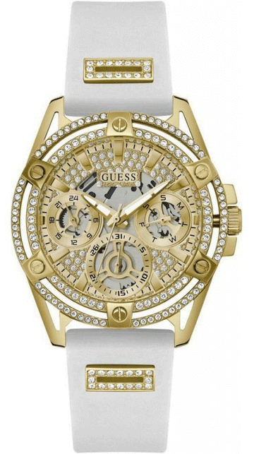 Guess Queen Quartz Gold Dial White Silicone Strap Watch For Women - GW0536L2