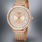  Shop Authentic Guess Tri Glitz Quartz Diamonds Rose Gold Dial Rose Gold Mesh Bracelet Watch For Women - W1142L4 - Luxxuri