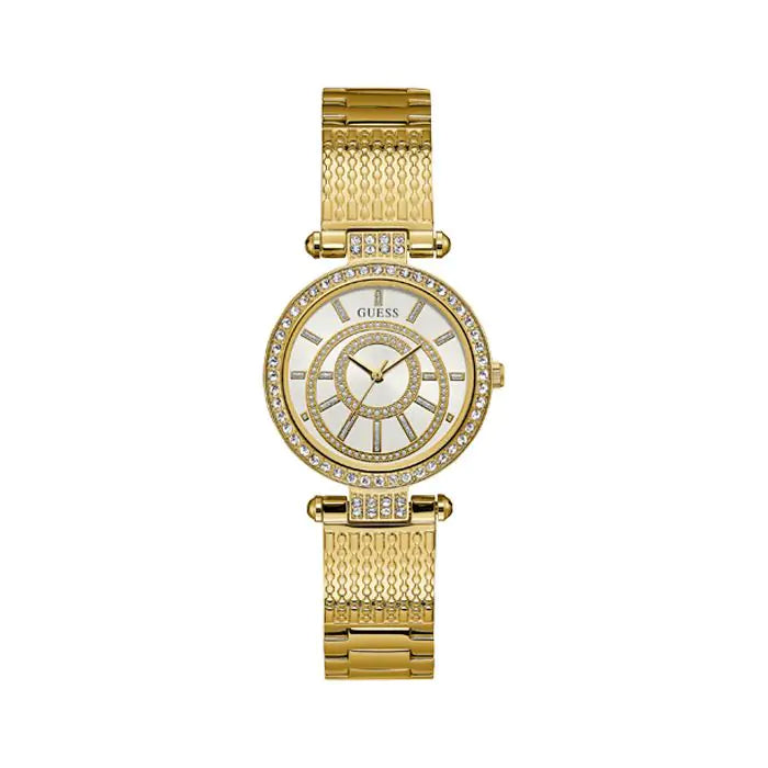 Guess Muse Crystals White Dial Rose Gold Steel Strap Watch For Women - W1008L2