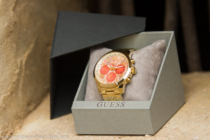  Shop Authentic Guess Mini Sunrise Quartz Analog Orange Dial Gold Steel Strap Watch For Women - W0448L7 - Luxxuri