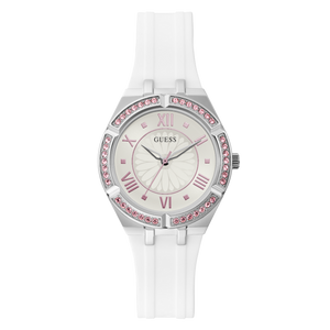  Shop Authentic Guess Sparkling Silver Dial White Rubber Strap Watch For Women - GW0032L1 - Luxxuri