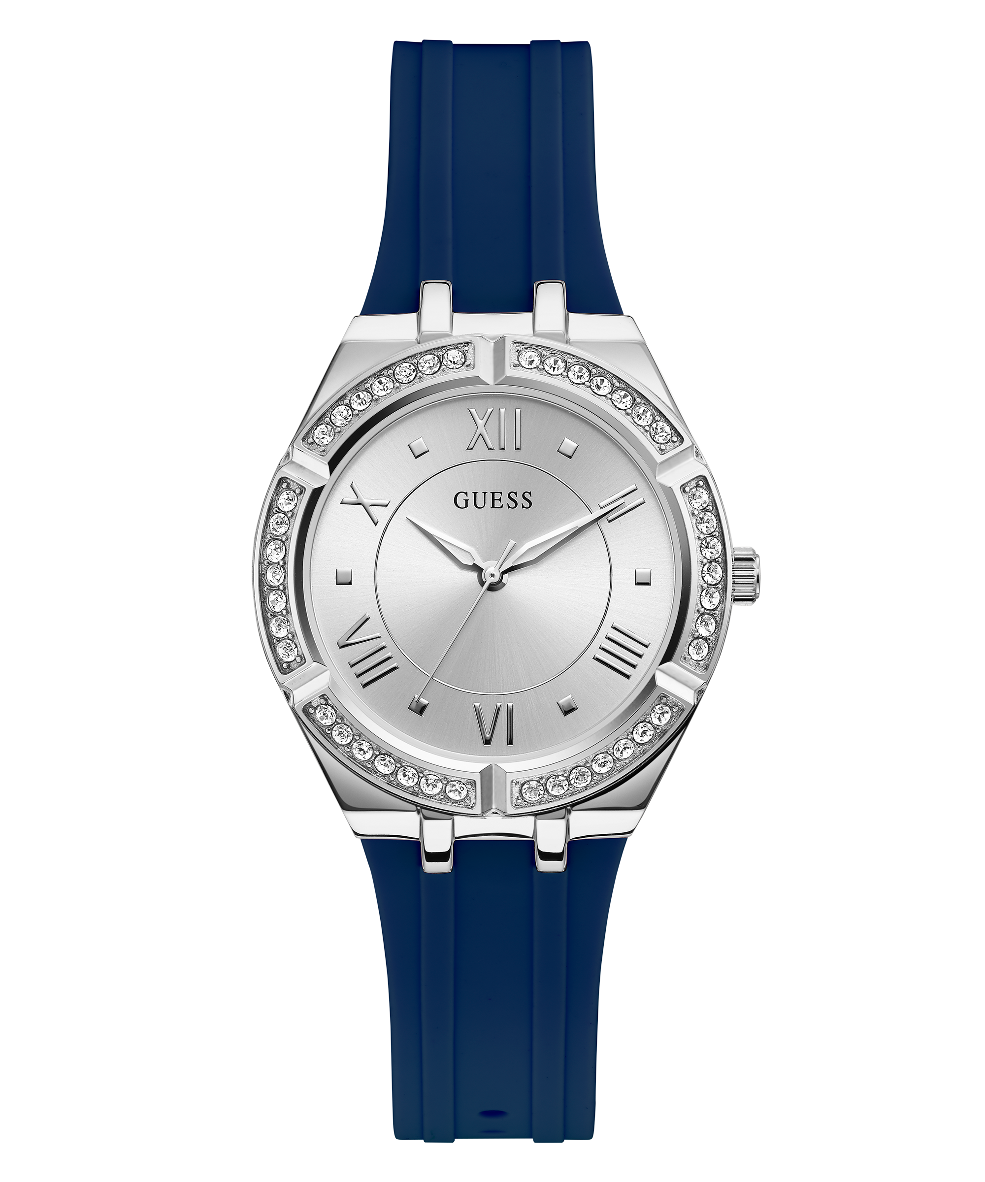 Guess Cosmo Diamonds Silver Dial Blue Rubber Strap Watch for Women - GW0034L5