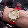  Shop Authentic Guess Cosmo Diamonds Gold Dial Red Rubber Strap Watch for Women - GW0034L6 - Luxxuri