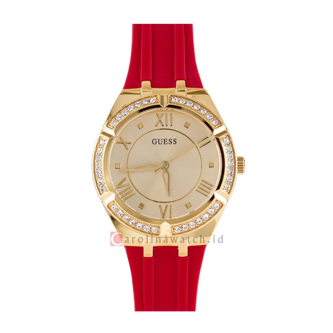 Guess Cosmo Diamonds Gold Dial Red Rubber Strap Watch for Women - GW0034L6