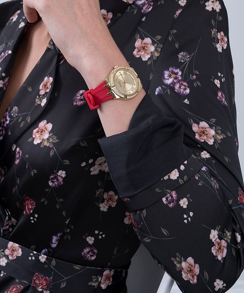  Shop Authentic Guess Cosmo Diamonds Gold Dial Red Rubber Strap Watch for Women - GW0034L6 - Luxxuri