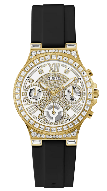  Shop Authentic Guess Moonlight Crystals Silver Dial Black Silicone Strap Watch For Women - GW0257L1 - Luxxuri