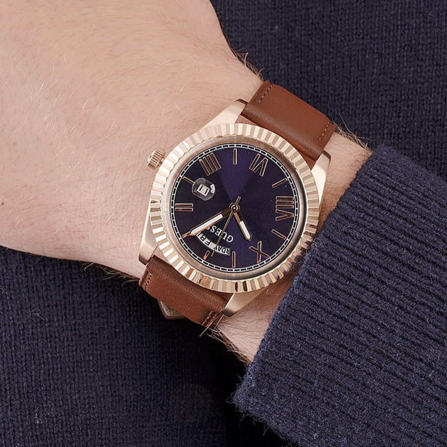 Guess Connoisseur Blue Dial Brown Leather Strap Watch For Men - GW0353G2