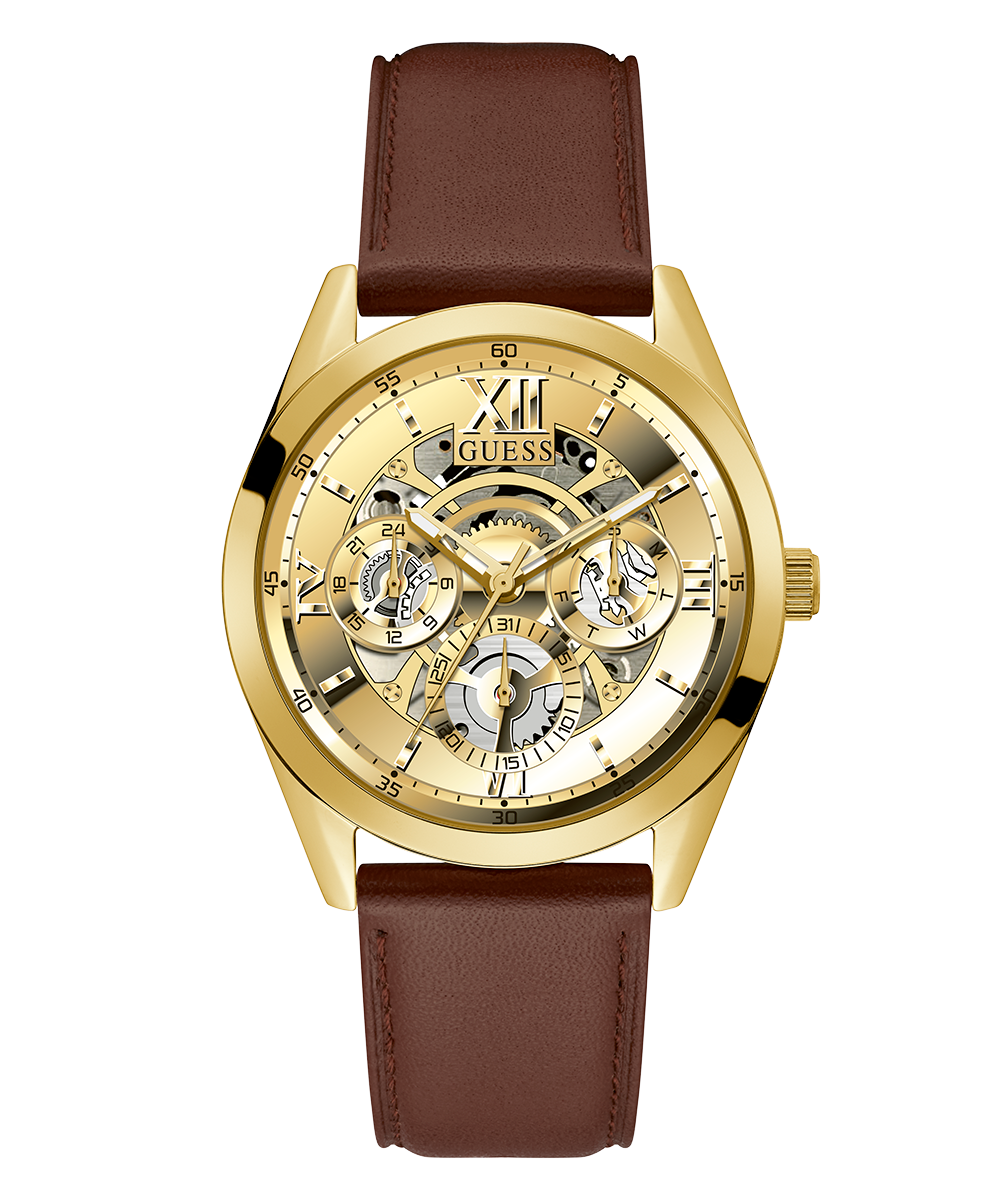  Shop Authentic Guess Multifunction Chronograph Gold Dial Brown Leather Strap Watch For Men - GW0389G5 - Luxxuri