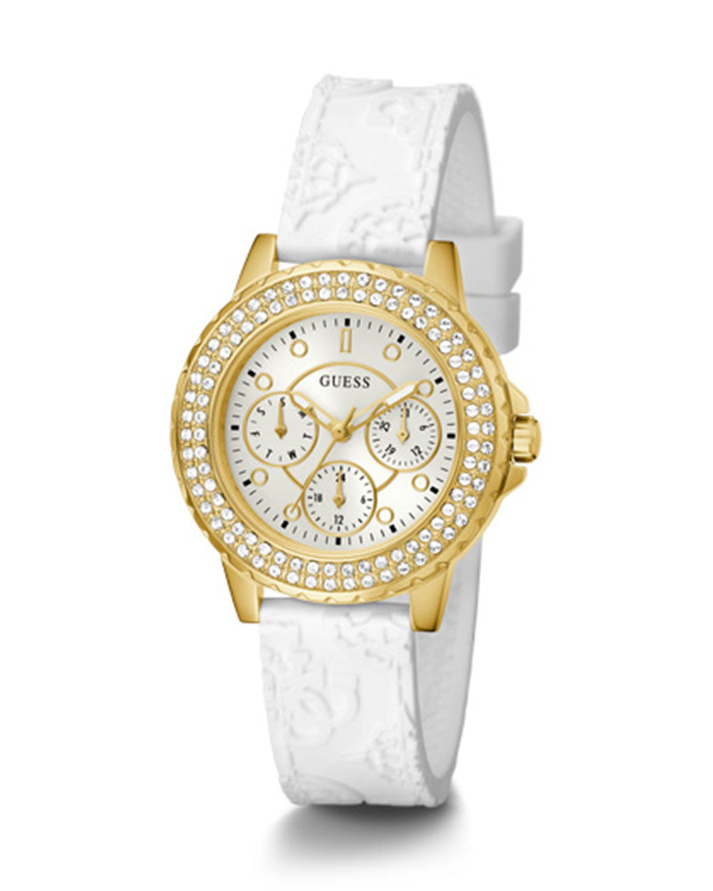  Shop Authentic Guess Crown Jewel Multifunction Diamonds White Dial White Leather Strap Watch for Women - GW0411L1 - Luxxuri