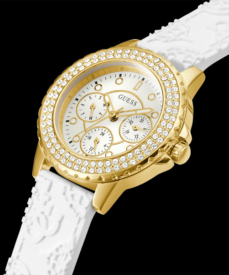  Shop Authentic Guess Crown Jewel Multifunction Diamonds White Dial White Leather Strap Watch for Women - GW0411L1 - Luxxuri