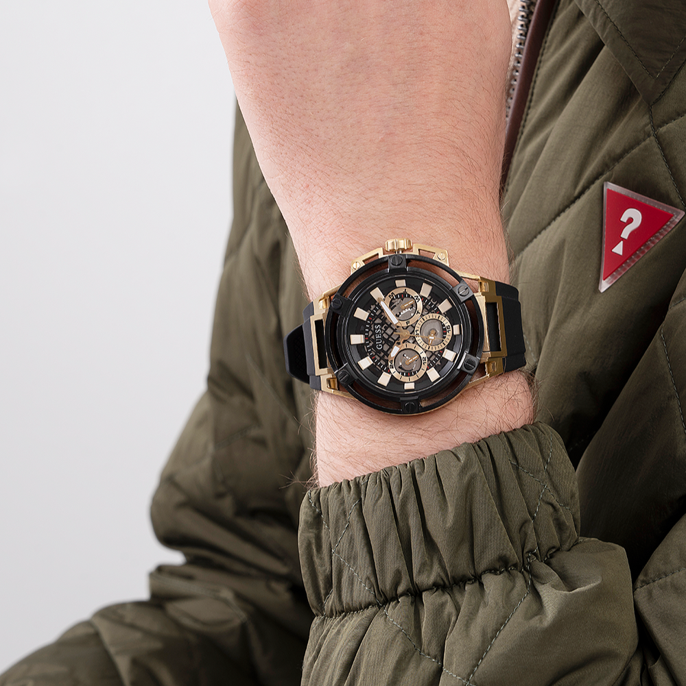  Shop Authentic Guess Matrix Multifunction Gold Dial Black Rubber Strap Watch For Men - GW0423G2 - Luxxuri