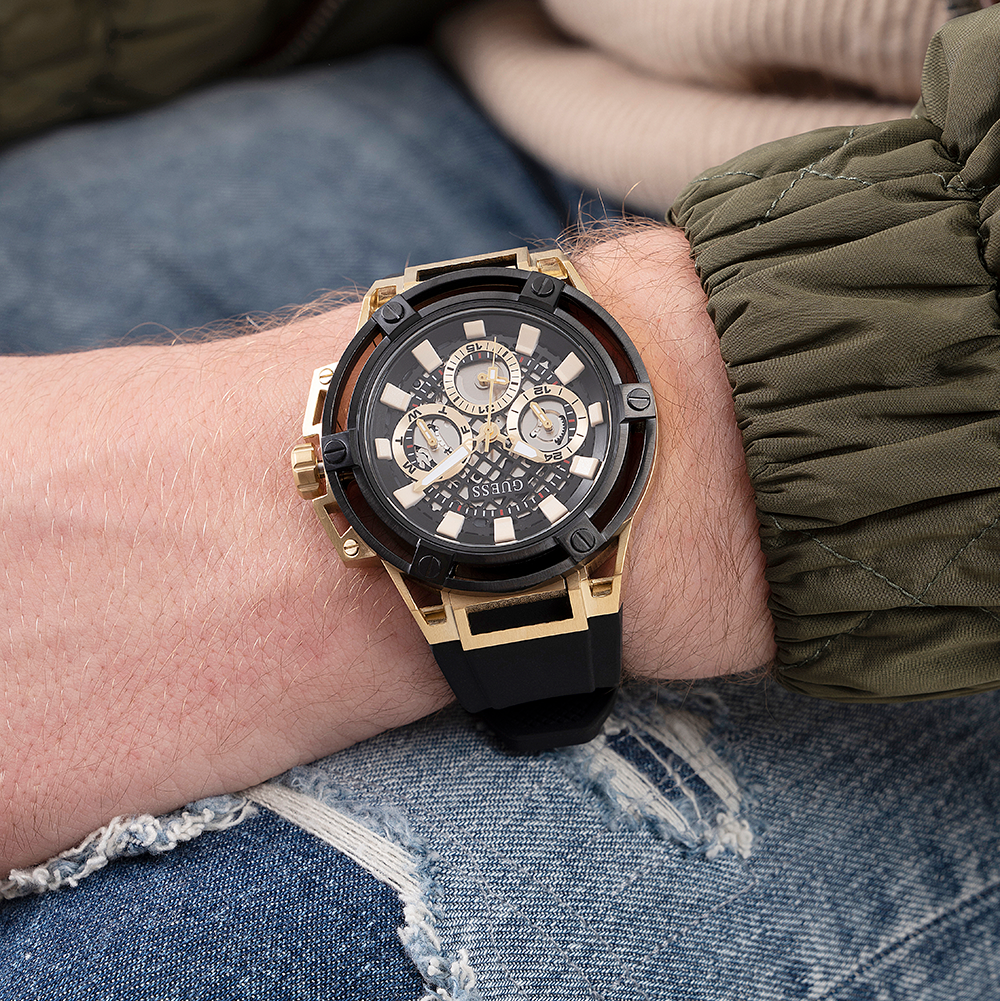  Shop Authentic Guess Matrix Multifunction Gold Dial Black Rubber Strap Watch For Men - GW0423G2 - Luxxuri