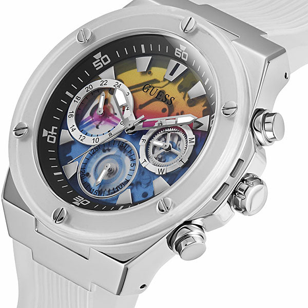 Guess Poseidon Chronograph Rainbow Dial White Silicone Strap Watch For Men - GW0425G4