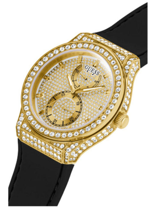 Guess Princess Crystals Gold Dial Black Silicone Strap Watch For Women - GW0439L2