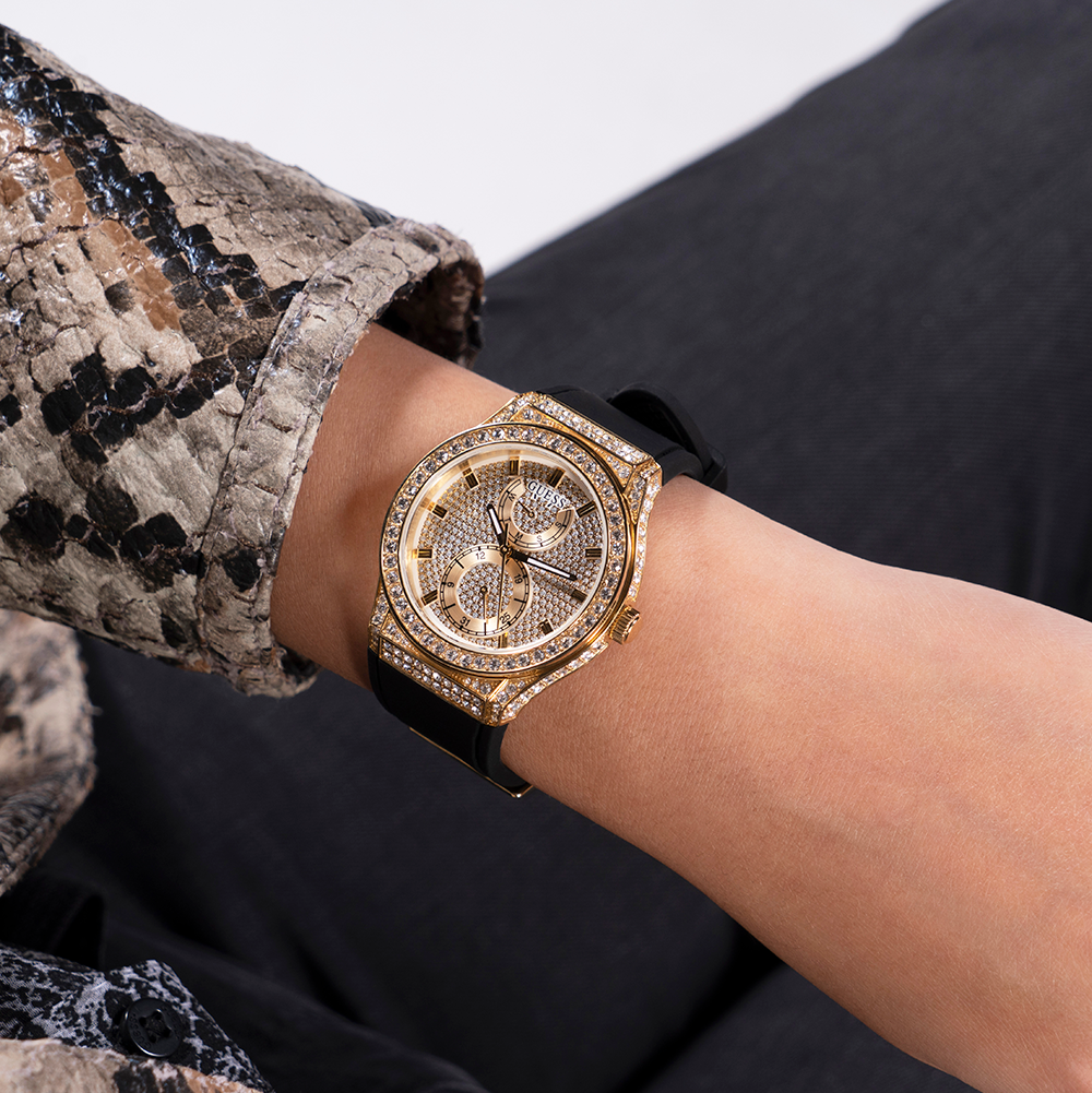  Shop Authentic Guess Princess Crystals Gold Dial Black Silicone Strap Watch For Women - GW0439L2 - Luxxuri