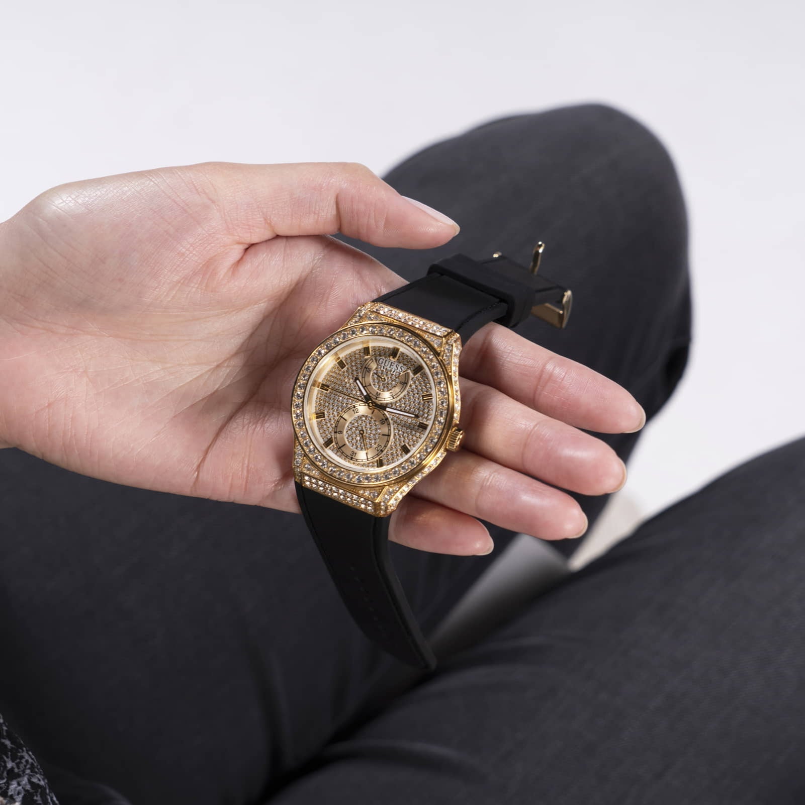  Shop Authentic Guess Princess Crystals Gold Dial Black Silicone Strap Watch For Women - GW0439L2 - Luxxuri